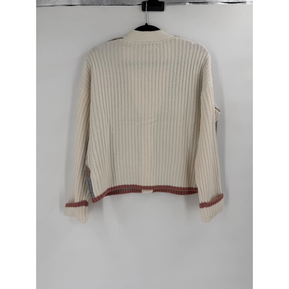 Rachel Zoe Argyle Cardigan Womens Small Cream Grey V-Neck Preppy Oxford Academia - Picture 6 of 8